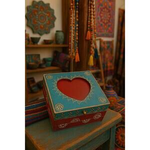 VTG Boho Whimsical Wooden Trinket Jewelry Box Red Heart Distressed Floral Accent